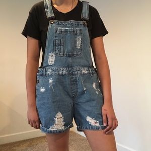 ASOS Denim Ripped Short Blue Overalls